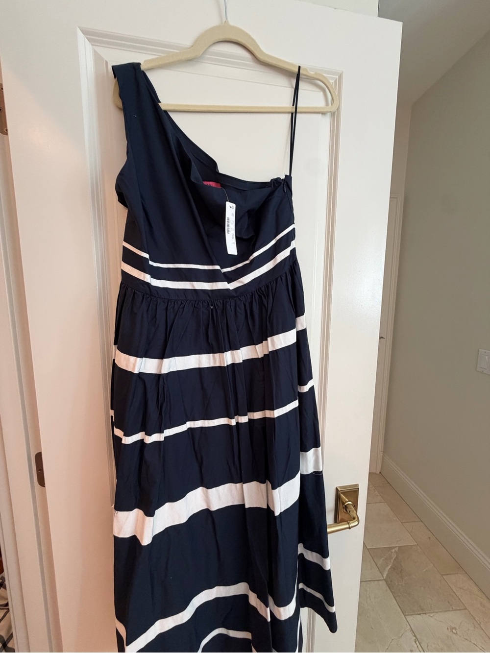 J. Crew Navy and White One-Shoulder Striped Maxi Dress